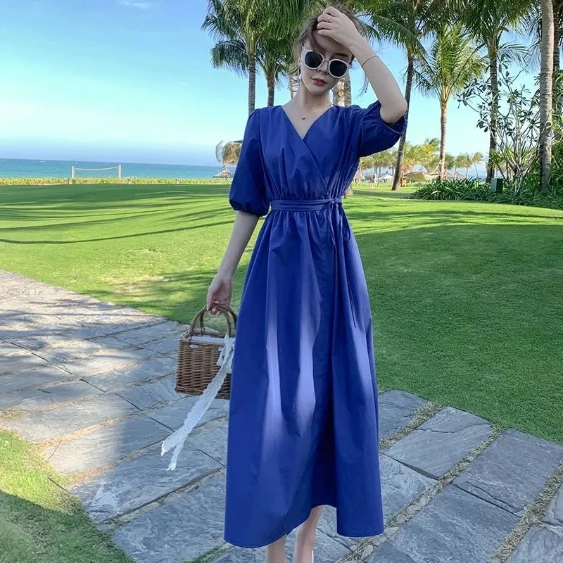 

Summer Cardigan Lace-up Blue Long Dress 2022 New Holiday Beach Puff Sleeves Vestidos Elegantes Para Mujer V Neck Robe Femme