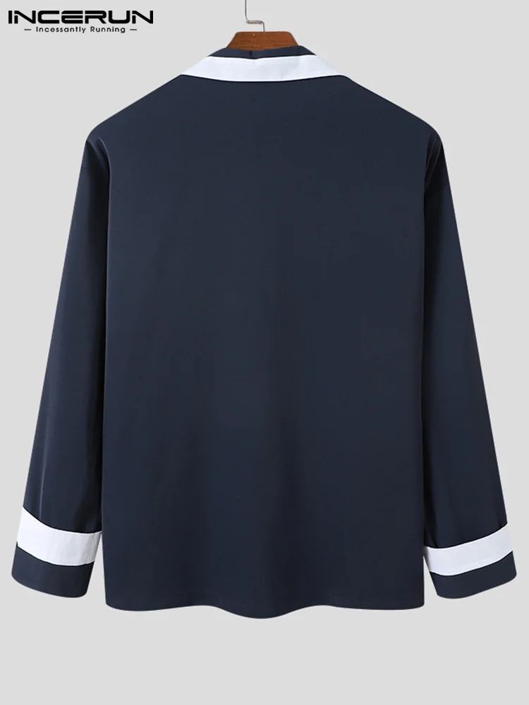 INCERUN Tops 2023 New Men Splicing Long Sleeve Shirts Fashion Casual Male Hot Sale Button Up Party Nightclub Pocket Blouse S-5XL