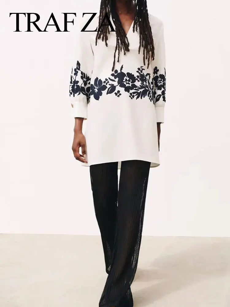 

TRAF ZA Loose Black White Plant Floral Print Women's Top Simple Lapel Pullover Cotton Linen Nine Points Long Sleeve Lady Top