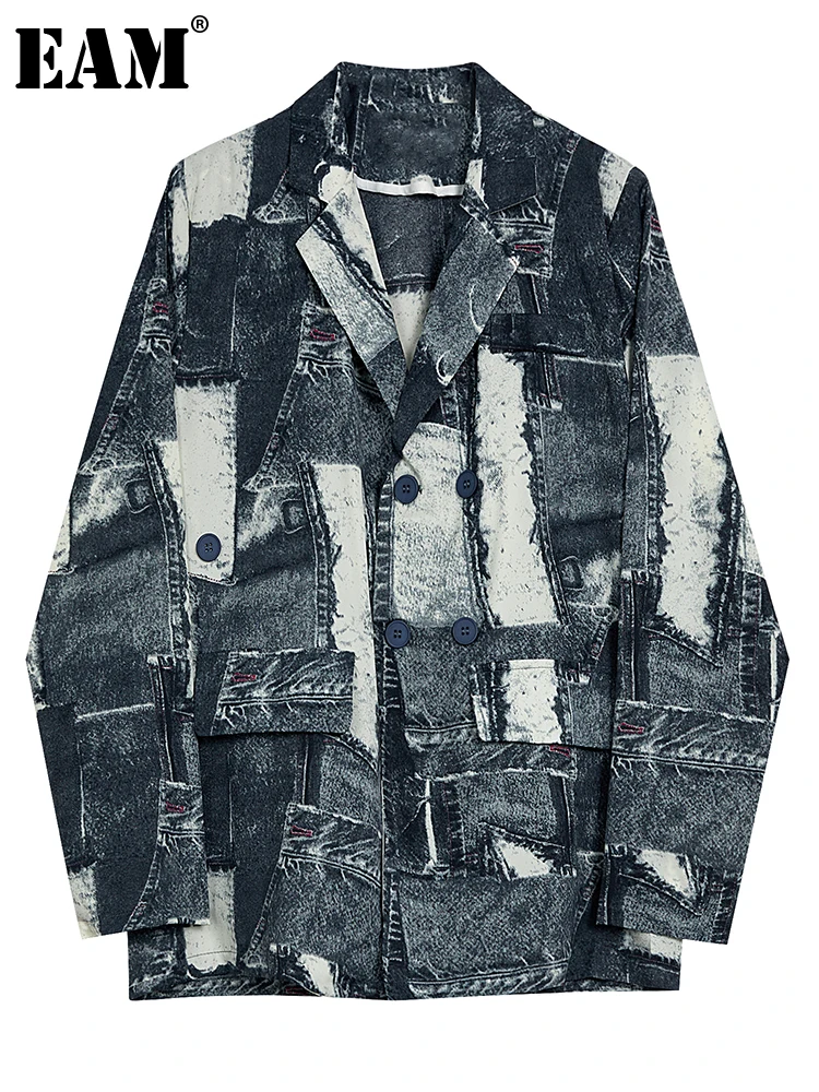 

[EAM] Women Black Printed Big Size Thin Blazer New Lapel Long Sleeve Loose Fit Jacket Fashion Tide Spring Autumn 2023 1DH1125