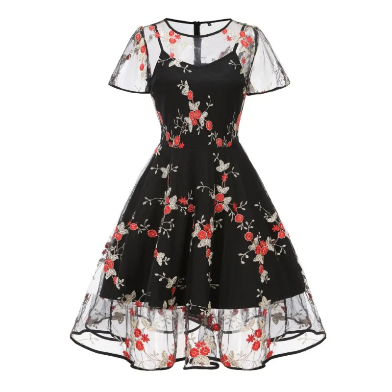 

Women's Mesh Patchwork Fly Sleeve Style Large Swing Mid Length 1950s Retro dress Sleeveless Printed Hepburn Swing Dress