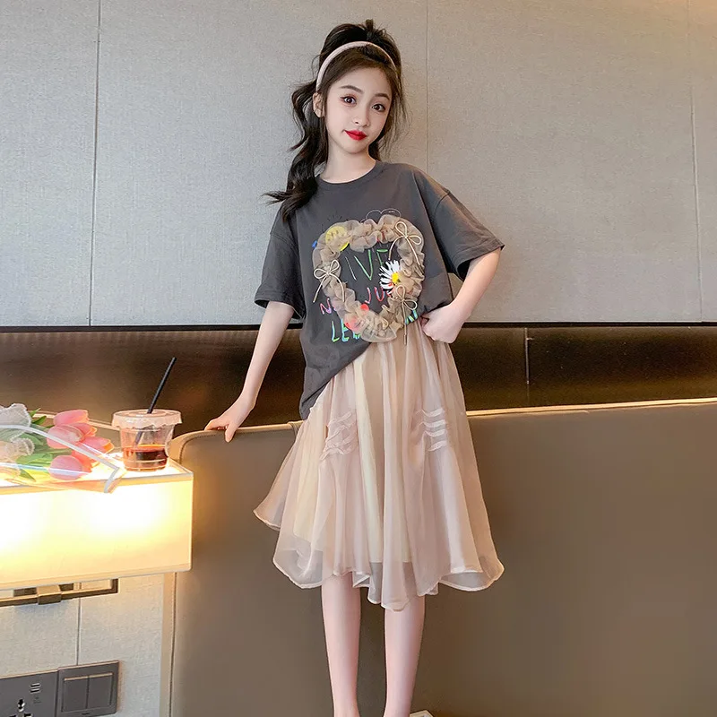 

Girls Clothing Set 2023 Summer Kids Outfits Lace Love Heart T-shirt + Mesh Skirt 2 Pcs Sets Child Short Sleeve Teen Girl Clothes