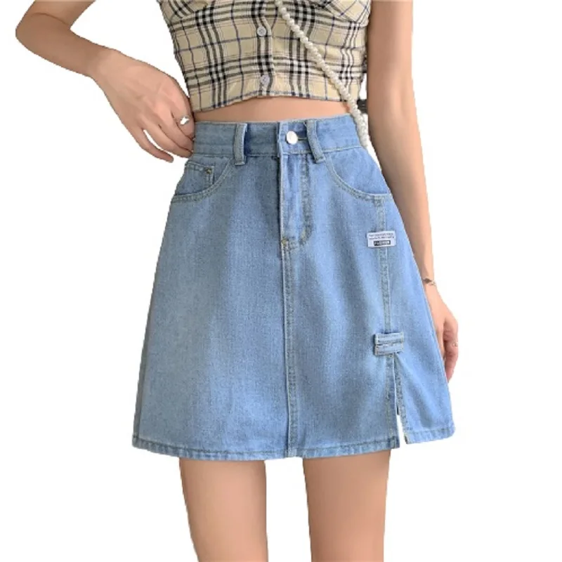 

PERHAPS U High Street High Wasit Washed Denim Asymmetrical Split Appliques Zipper Pockets A-Line Mini Short Skirt S3019