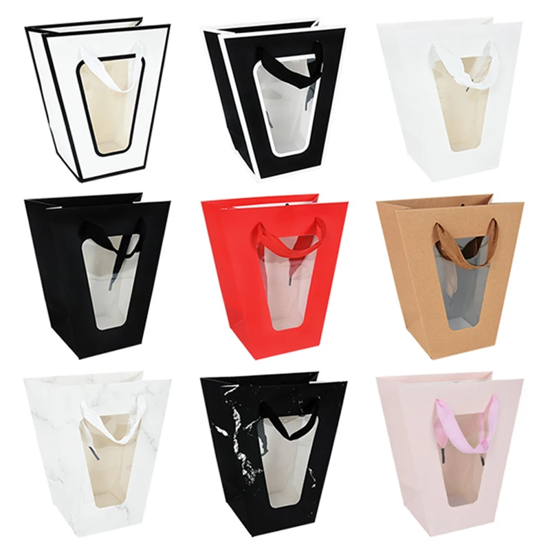 

Trapezoidal Portable Flower Box PVC Transparent Window Packaging Bag Kraft Gift Handbag Wedding Birthday Party Rose Favors Bags