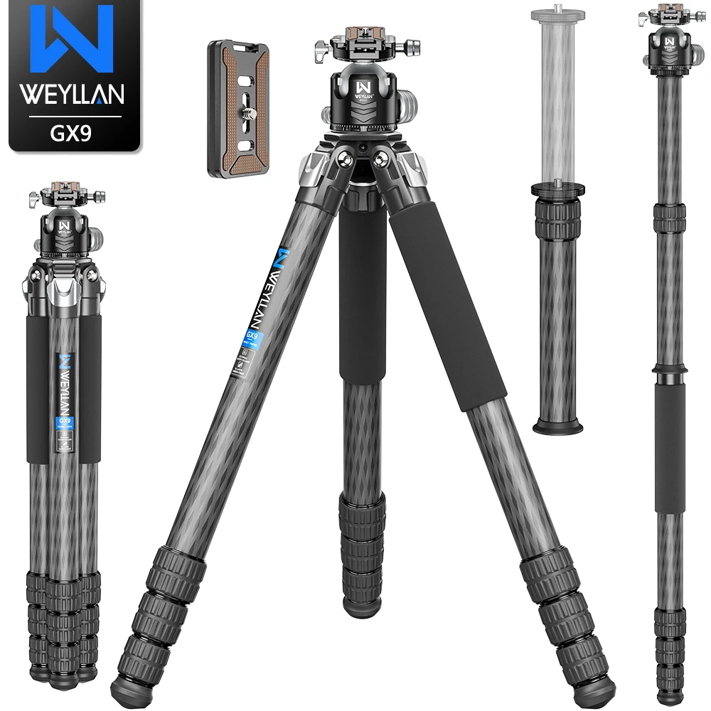 Фото WEYLLAN GX9 сверхмощный штатив из углеродного волокна, профессиональный компактный штатив для камеры, монопод для DSLR-камеры, телеобъектив, нагрузка 30 кг №1