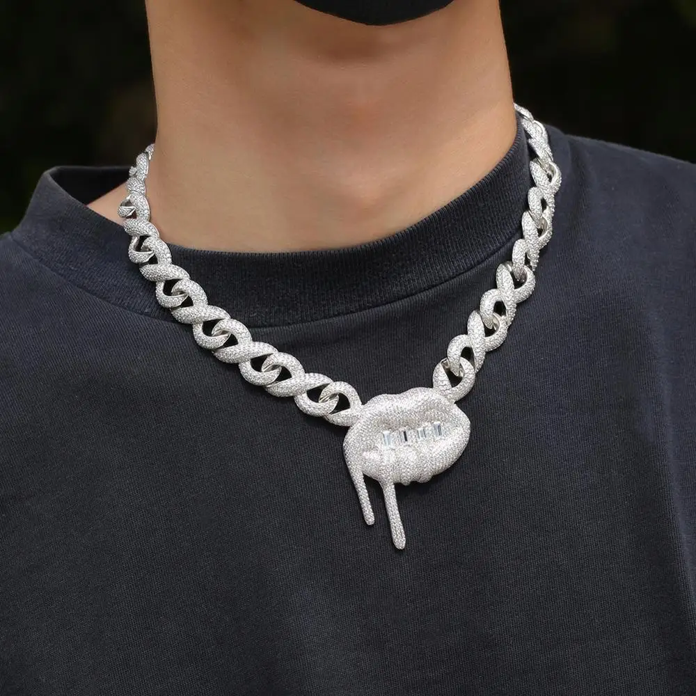 Хип-хоп CZ Stones Paved Bling Iced Out Сексуальные губы Бесконечность Кубинская цепочка с