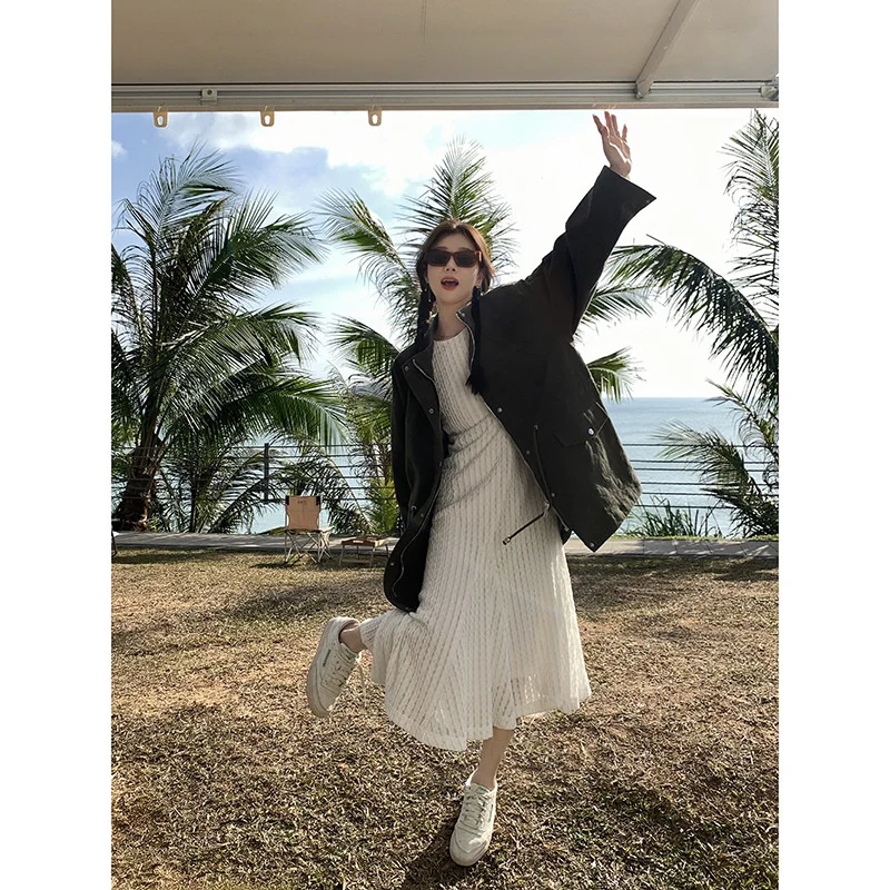 

TINT ERA Heavy Industries 3D Jacquard White Dress Elegant For Women Spring 2023 New Waist Wrapped Slim Mid Length Dresses
