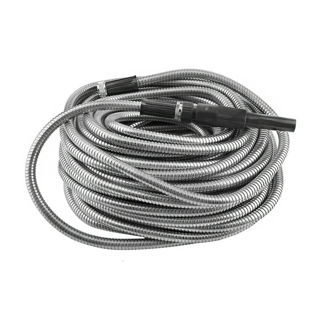 

25Ft Stainless Steel Lightweight Garden Hose Heavy Duty Metal Watering Hose Garden Water Hose Pipe Free Spray Nozzle Home Silver