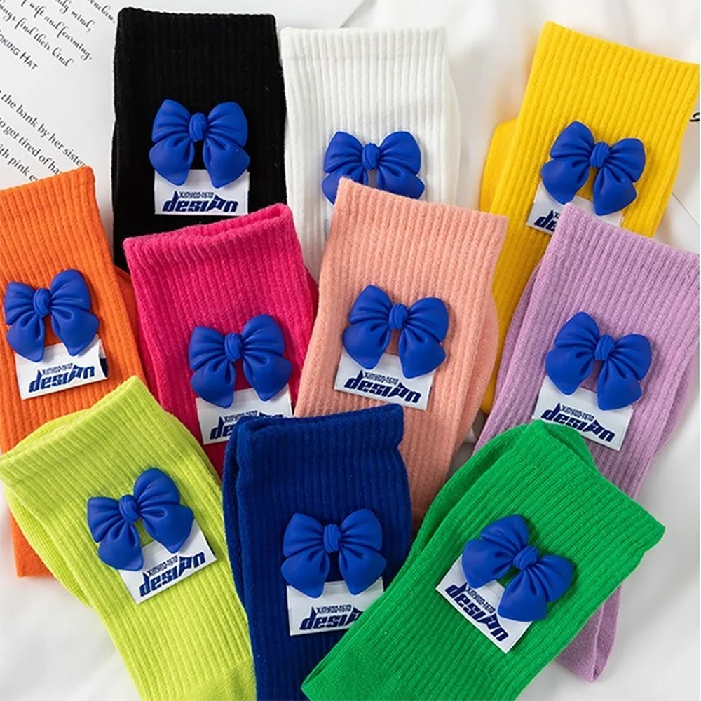 

Solid Color Cute Socks Japanese Fashion Medium Tube White Women Cotton Kawaii Sweets Three-dimensional Butterfly Socks Harajuku