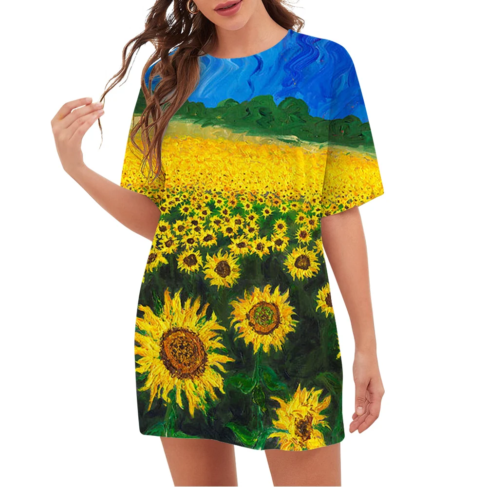 

CLOOCL Women Shirt Short Sleeve Tops Floral Graphic Loose Casual Female Streetwear Blue Sky Sunflower Sea Print T-shirt