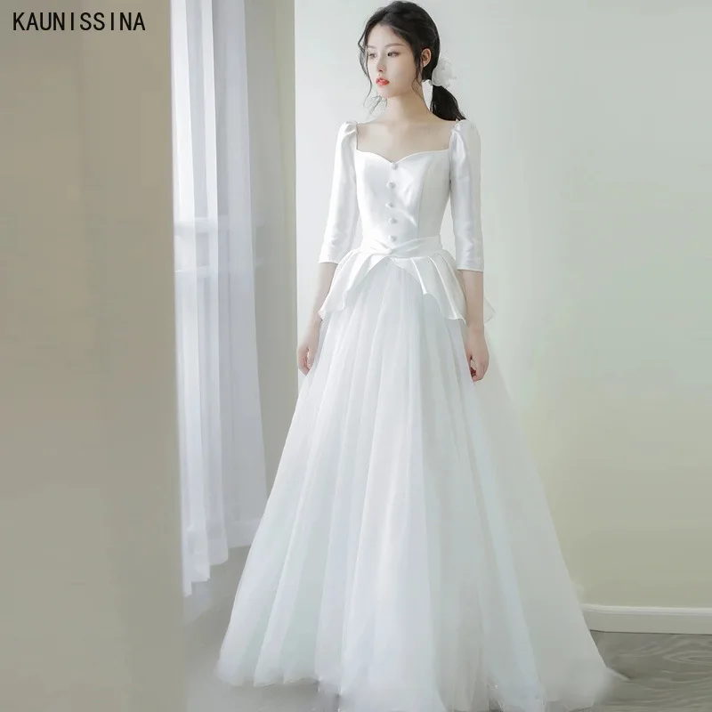 

KAUNISSINA Princess Wedding Dress Square Collar Satin Tulle A-Line Bride Marriage Gown Long White Elegant Women Bridal Dresses