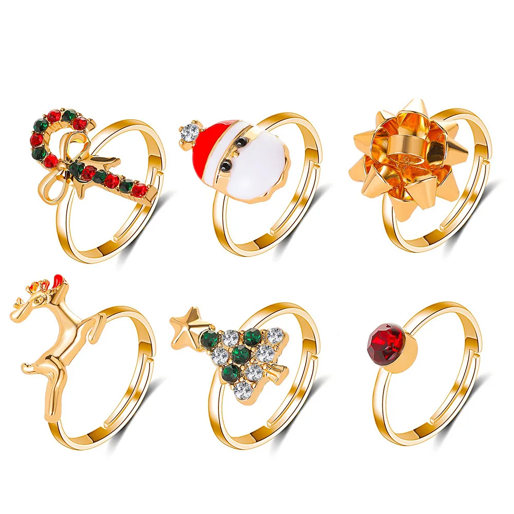 

Christmas Ornaments Cute Cartoon Elk Christmas Tree Ring 6-Piece Set Adjustable Ring with Drip Opening Fashion Simple Jewelry