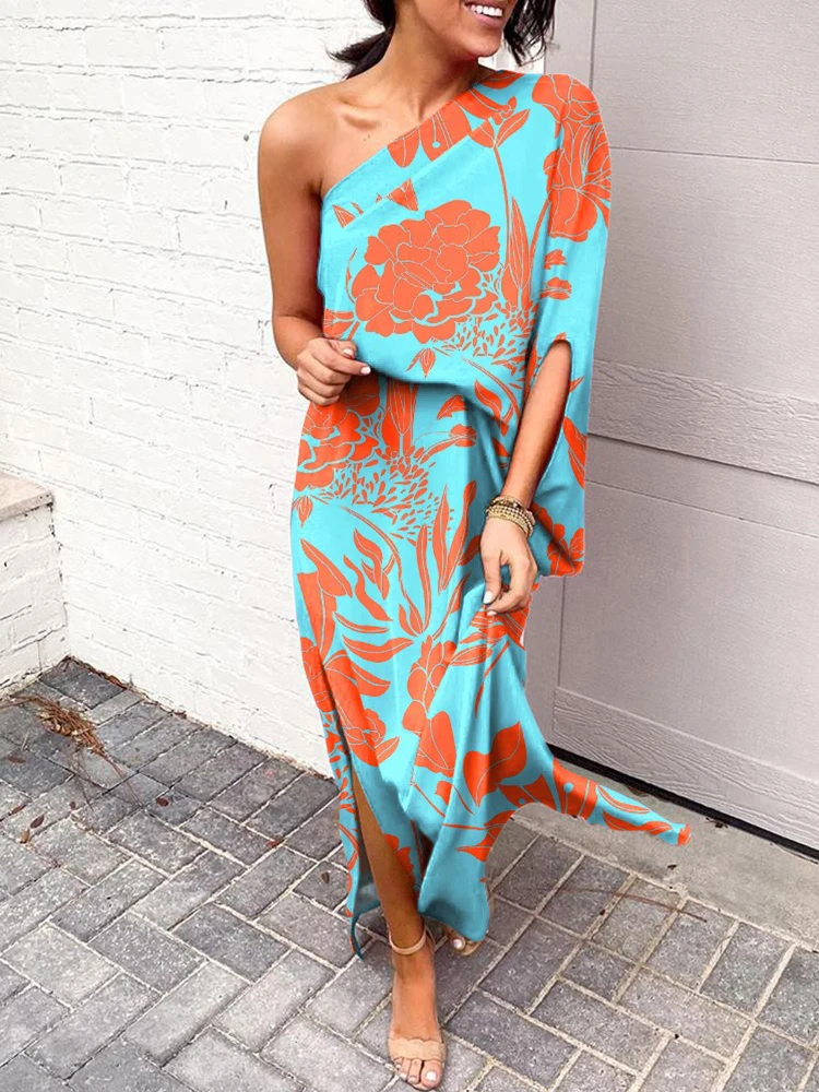 

2022 Summer Dresses For Women NEW One Shoulder Split Hem Plants Print Dress De Mujer Casual Boho Maxi Dress Free Shipping
