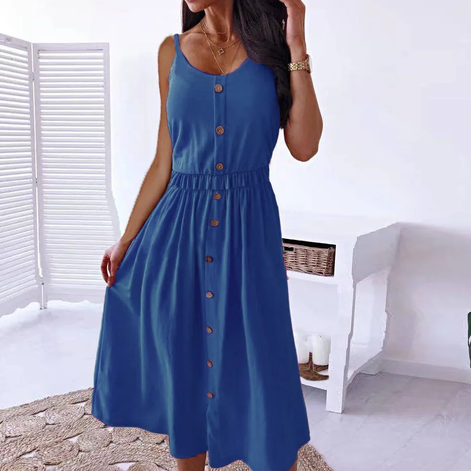 

2022 Summer Women's One-Piece Midi Skirt Sling Elastic Waist Waist Button Ladies Long Dress Sexy Street Casual New Clothing