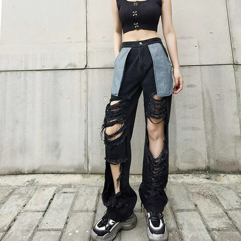 Trousers Fashion Spring and Autumn High-waist Stretch Raw Edge Frayed Hole Pockets Outturned Casual Wide-leg Jeans Loose Women's