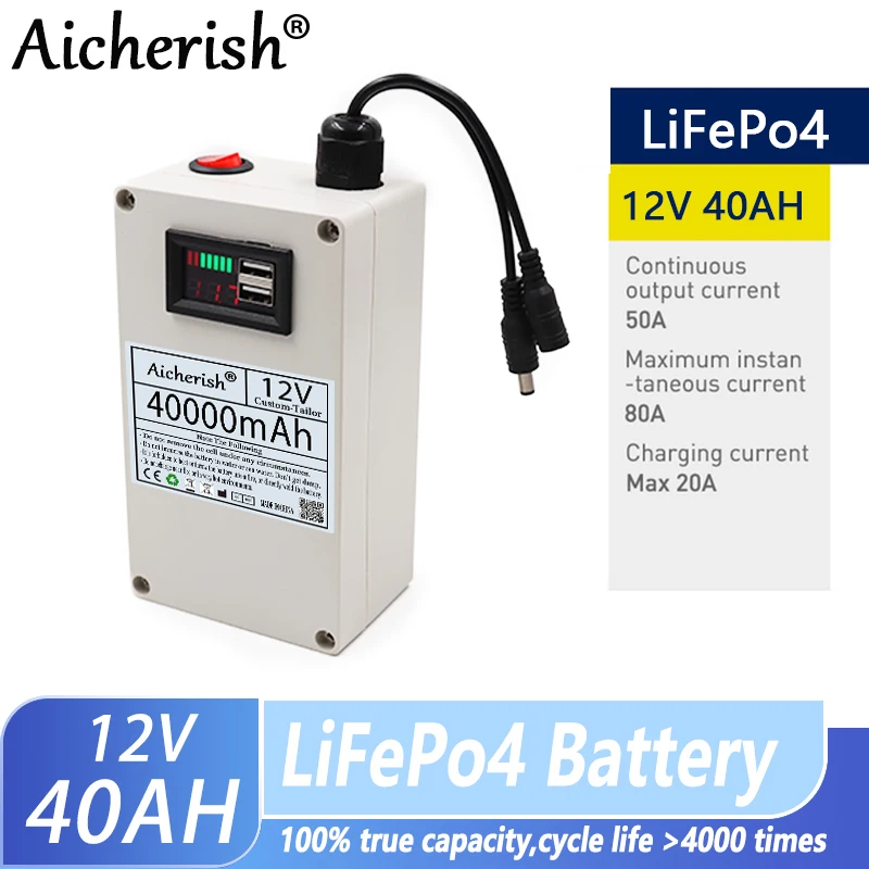 

Перезаряжаемая батарея Aicherish 12 В LiFePO4 12,8 В 20 Ач 30 Ач 40 Ач 50 Ач 60 ач срок службы 4000 глубоких циклов, встроенная защита Bms