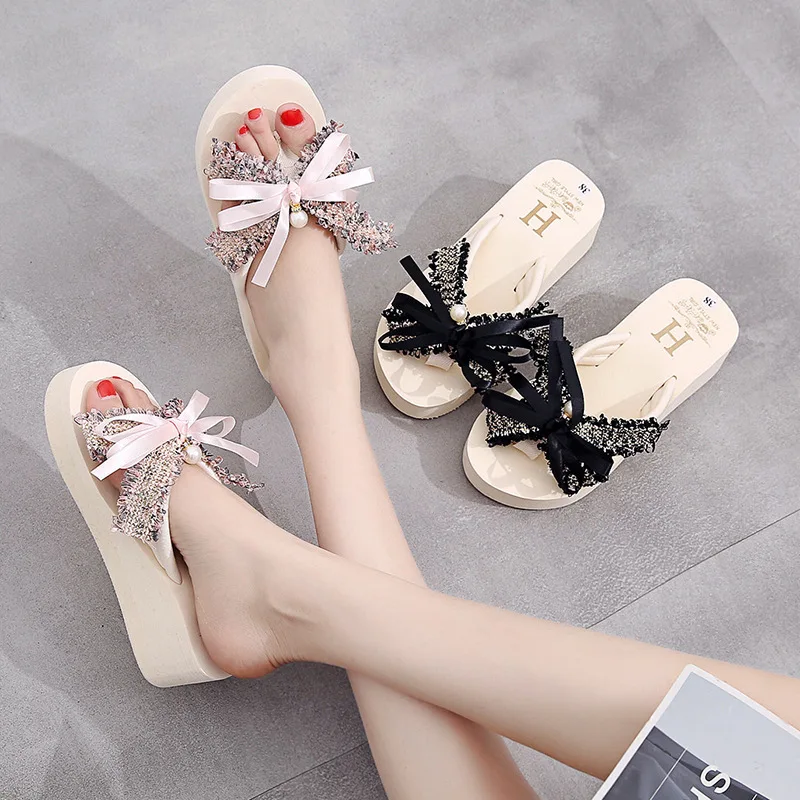 

Glitter Slides Slippers Casual Beach Shoes Butterfly-Knot Rubber Flip Flops Platform Jelly Luxury Sabot Flat Hawaiian Basic PU F