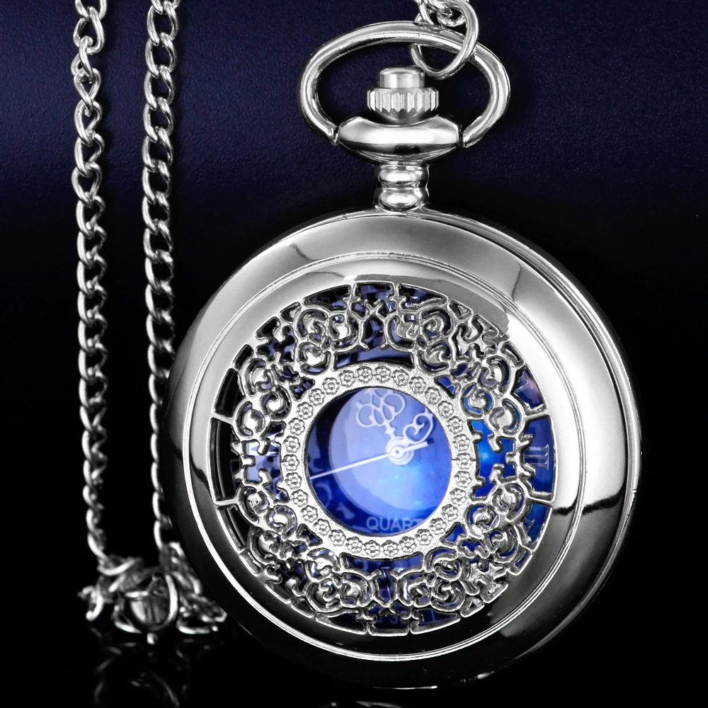 Orologio Da Tasca Hollow Blue Starry Sky Dial Numeri Romani Orologi Da Tasca Al Quarzo Con Collana Regali Di Compleanno Di Natale
