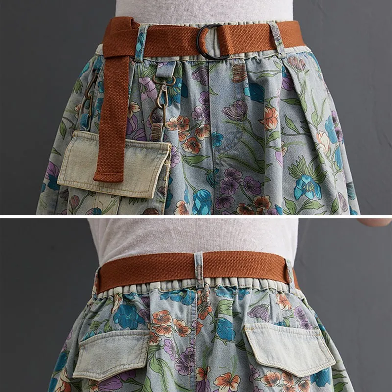 2021 Fashion Streetwear Floral Print Elastic Waist Loose Women Summer Casual Jeans Shorts Female Patchwork Pocket Denim Shorts