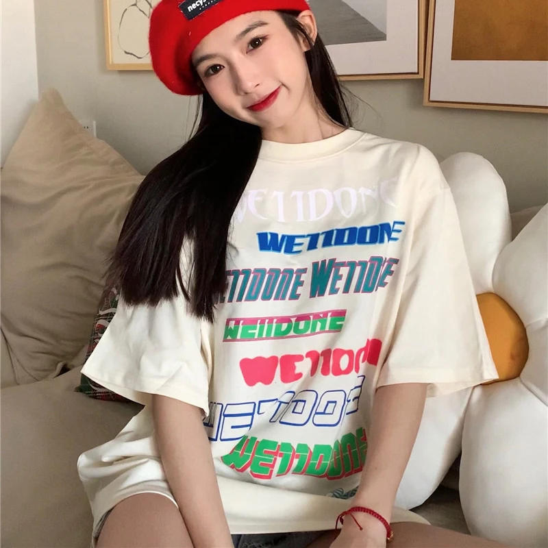 

WE11DONE Short Sleeve Color Letter Printing High Quality Cotton Couple Fashion Large Short Sleeve Top