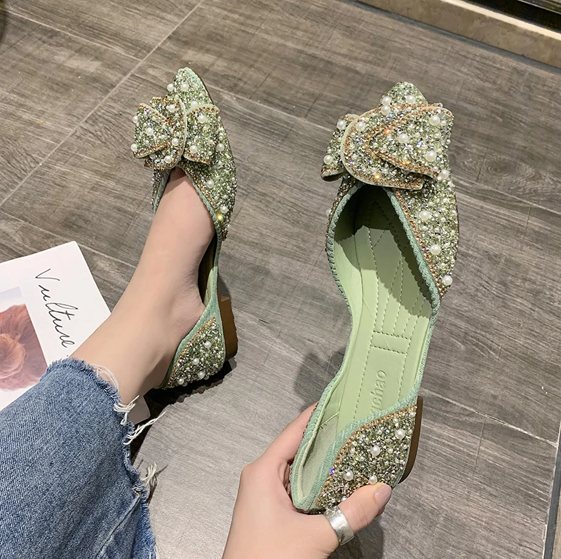 Women Flat Casual Shoes Pointed Toe Bow Tie Pumps Woman 2022 Fall Fashion Pearl Shoes Black Green Zapatillas Mujer