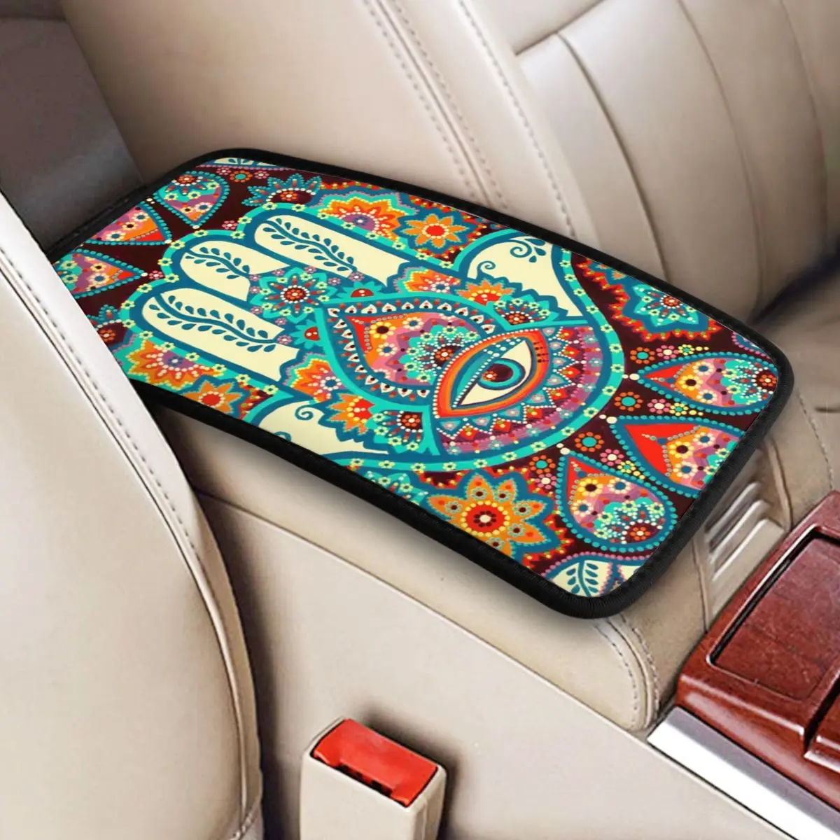 

Center Console Protective Cushion Pad Hamsa Hand Car Armrest Cover Mat Hand of Fatima Amulet Universal Car Interior Cushion