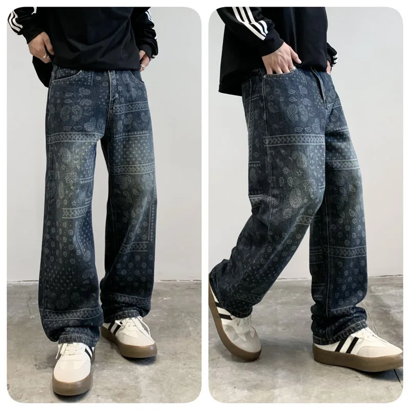Джинсы с принтом пейсли мужские свободные прямые брюки 2024 осенняя уличная мода в