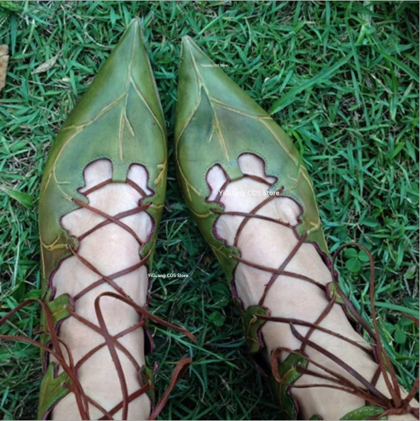 Женские готические средневековые ретро-ботинки со шнуровкой и листьями эльфа