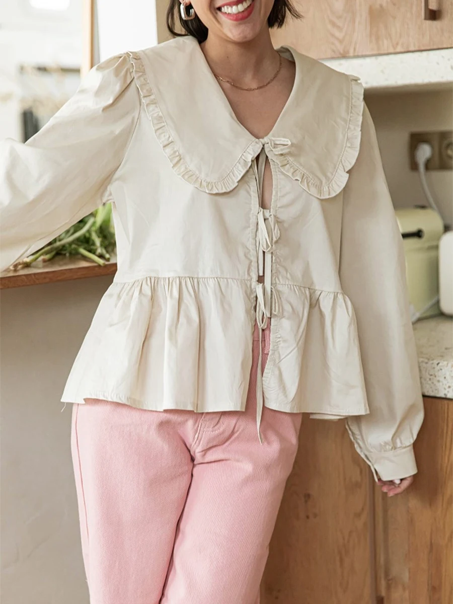 HzDazrl Y2k женская рубашка с баской длинным рукавом Однотонная кукольный воротник