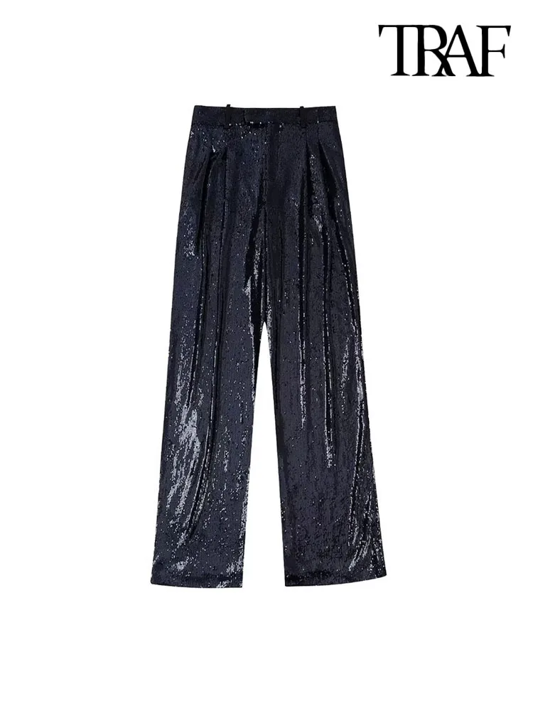 

Брюки TRAF женские с широкими штанинами, Модные Винтажные штаны с передними карманами, блестками, завышенной талией, на молнии