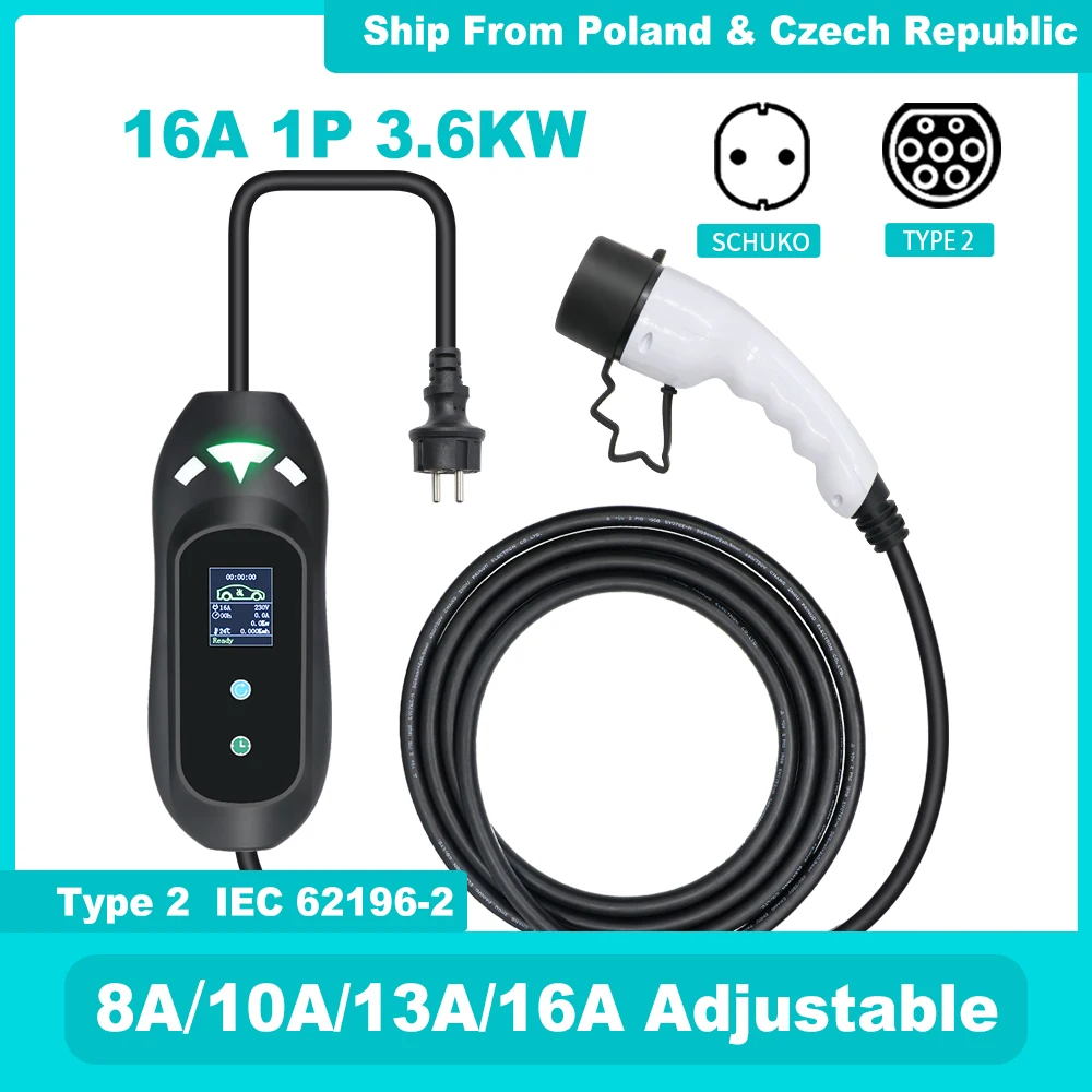 

New EVSE Portable Adjustable Fast EV Charger Type 1 Type 2 16A 1P 3.6KW With Schuko Plug For Electric vehicle Home Charging 5m