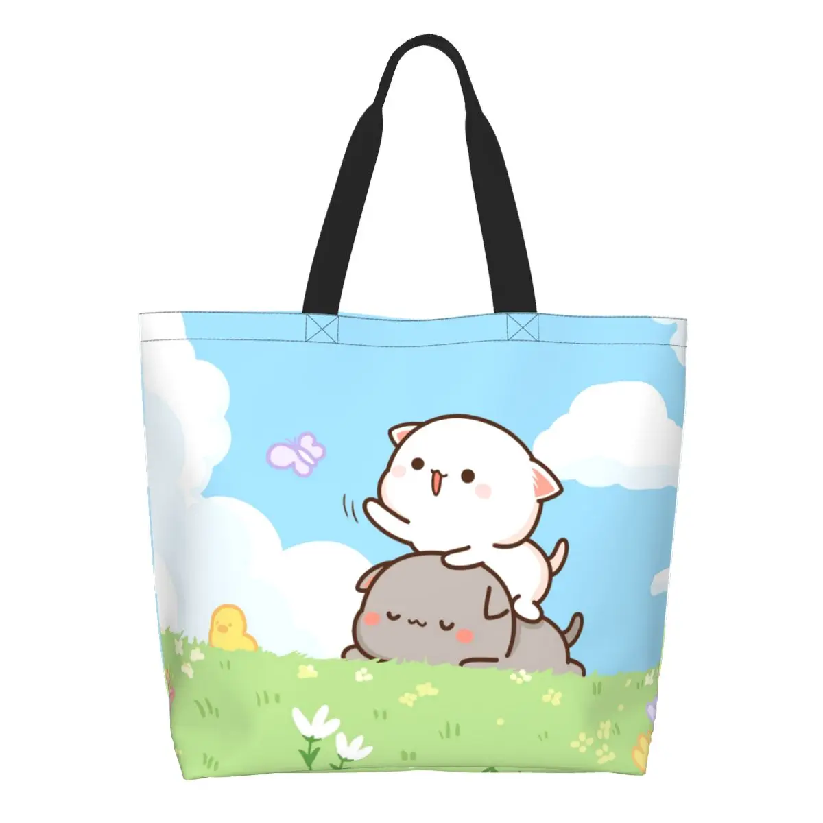 

Peach And Goma Groceries Tote Shopping Bag Women Fashion Cartoon Mochi Cat Canvas Shoulder Shopper Bag Big Capacity Handbags