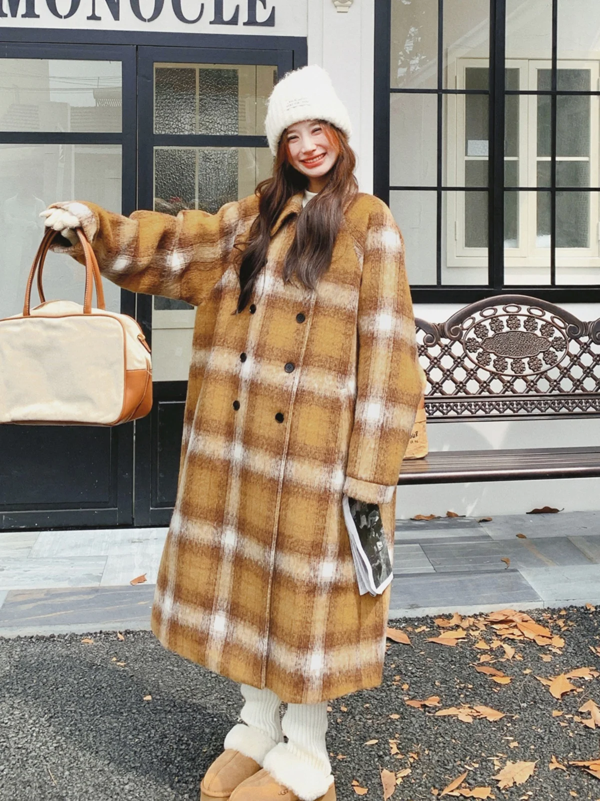 Yellow Plaid High-Grade Loose Woolen Coat Women 2024 Winter New Fashion Small Thickened Jacket