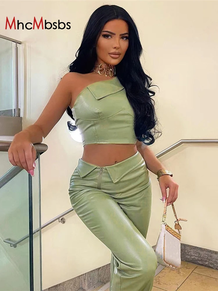 

Two Piece Set Women PU Faux Leather Outfits Sexy Slant Shoulder Sleeveless Crop Top+High Waist Biker Pants 2022 Spring Fall Suit