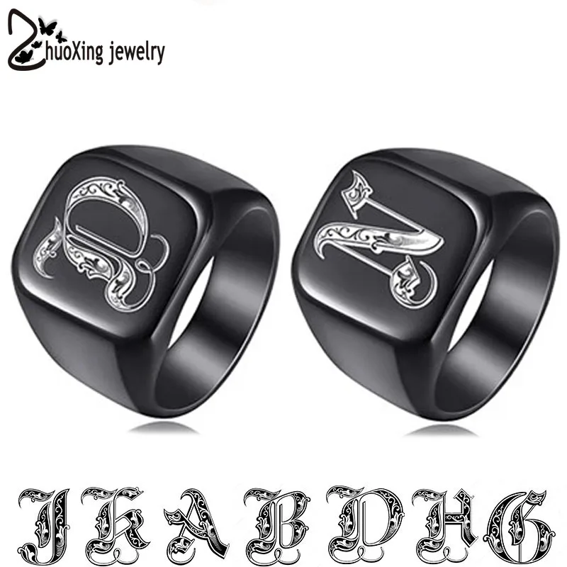 

Heavy A-Z Initial Stamp Ring for Men Black Color Solid Stainless Steel Signet Ring Name Alphabet Female Rings Jewelry Gift