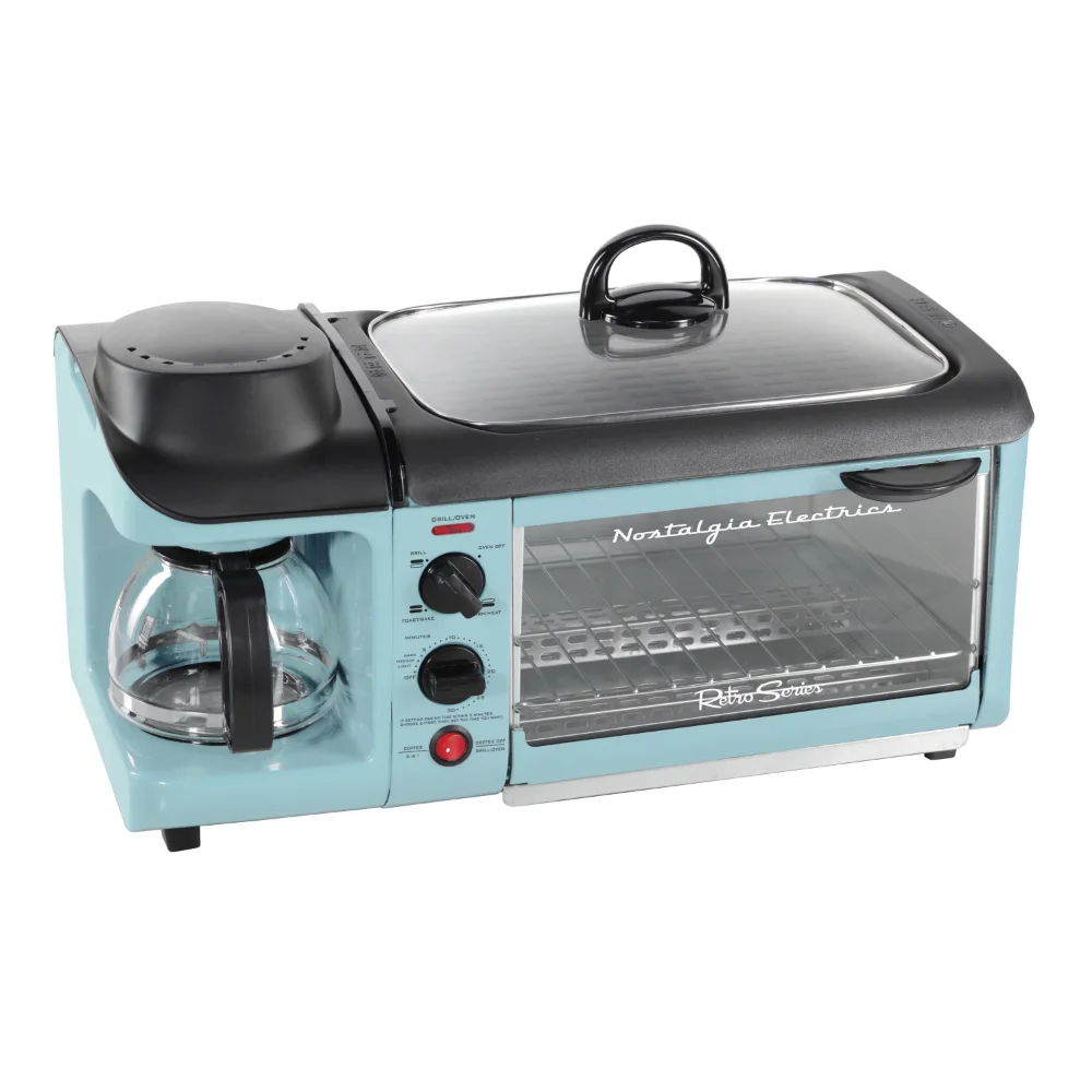 

Nostalgia BST3AQ Retro 3-in-1 Family Size Electric Breakfast Station, Coffeemaker, Griddle, Toaster Oven - Aqua