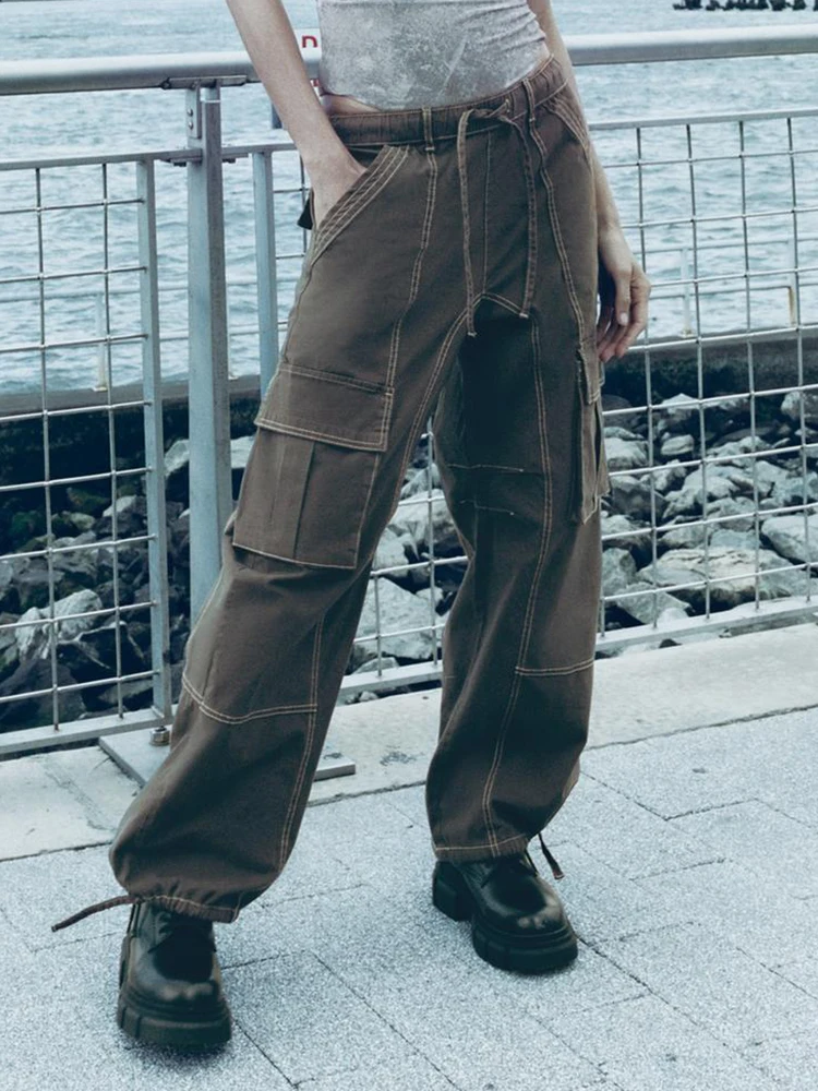 

Повседневные брюки-карго для женщин, осень 2023, длинные брюки с эластичным поясом и карманами, Женские винтажные модные брюки, женская одежда, Новинка