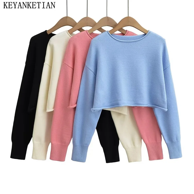 

Осенний Новый Женский Свободный укороченный пуловер KEYANKETIAN, вязаная одежда, модный простой Однотонный свитер с круглым вырезом и длинным рукавом, Женский Топ