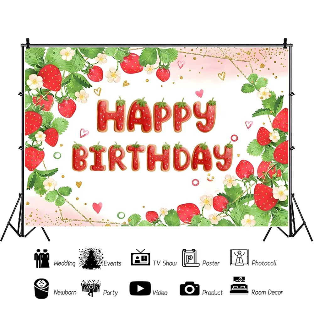 

Strawberry Happy Birthday Backdrop Baby Shower Photography Accessorie Party Decor Photophone Photographic Background Studio