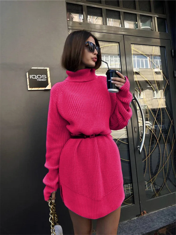 

Winter Turtleneck Women Sweater Warm Loose Casual Long Sleeve Style Female Pullovers 2023 Purple Dress Skirts Split Fork Rose