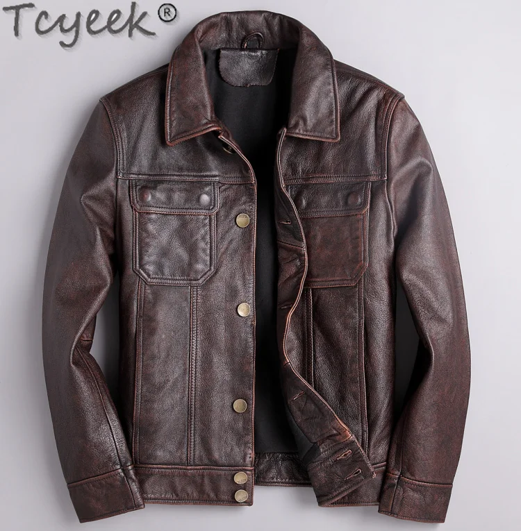 

s Genuine Men's Lapel Short Coat Top Layer Cowhide Leather Fall Single Motorcycle Jacket Man Clothes