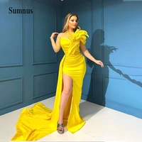 yellow side slit prom dress 2022 feather strapless pageant evening gown for women pleats satin long prom dresses