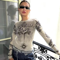 womens graphic t shirts y2k top autumn new round neck long sleeve pullover print micro transparent fashion casual crop top