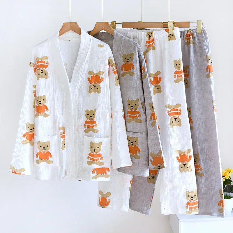 4XL Nursing Pajamas V-neck Nursing Open Cardigan Long Sleeve Confinement Clothes Woven Cotton Crepe Thin Feeding Sleep Wear Home