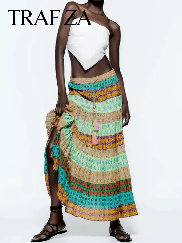 

TRAF ZA Vintage Print Drawstring Beaded Fringe Chic Skirt Elastic Pleat 2022 Fashion Long Skirt Women Summer Beach Holiday Wear