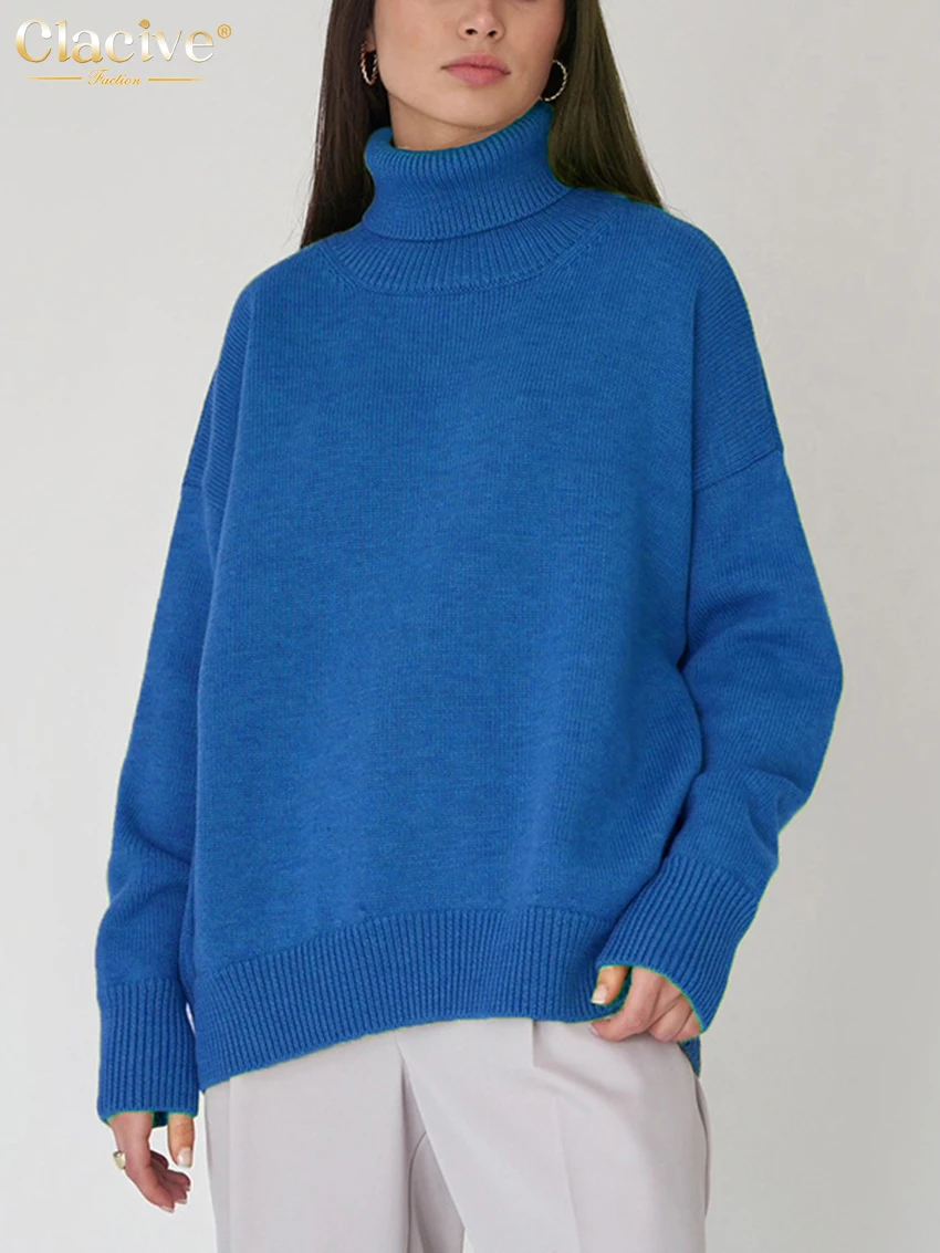 

Clacive Fashion Turtleneck Blue Knit Sweaters Casual Loose Long Sleeve Pullover Sweater Elegant Warm Tops Winter Clothes Women