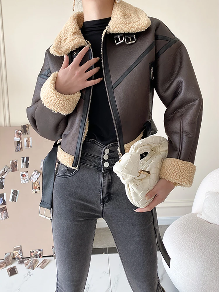 

ZCSMLL Fashion Women's Jackets Lapel Zipper Long Sleeve Solid Color Thick Plush Short PU Leather Lamb Coat Winter 2022 New TK422