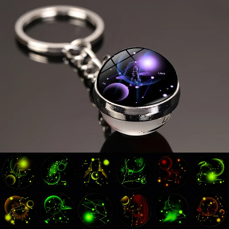 

New 12 Constellation key ring Starry Sky Luminous Keychain Time Stone Glass Ball Key Chain Accessories Pendant Key Chain Gifts