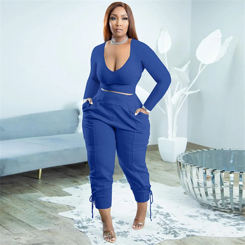 5xl Plus Size Sets For Women Solid Shirt And Bandage Pencil Pants 2022 Autumn Two Piece Set Fashion Sweatshirt Wholesale Clothes