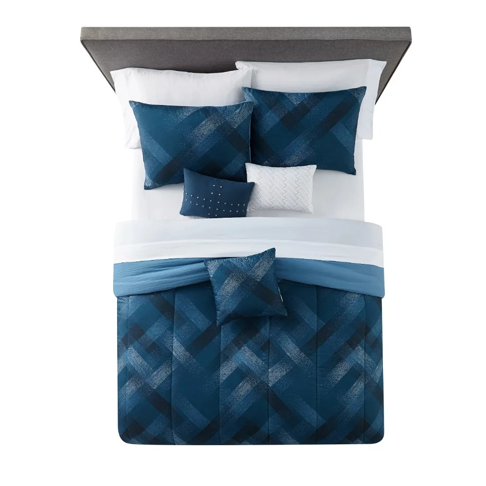 

Navy Plaid 10 Piece Bed in a Bag Comforter Set With Sheets bed sheet set bedding set luxury